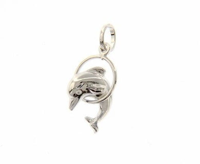 18k white gold dolphin jumps in circle pendant charm 24 mm smooth made in Italy.