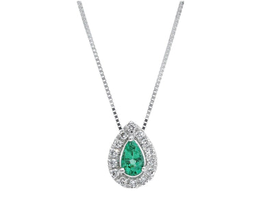 18k white gold necklace 0.19ct emerald & diamonds drop pendant, venetian chain.