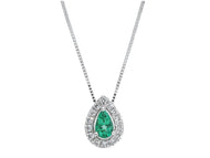 18k white gold necklace 0.19ct emerald & diamonds drop pendant, venetian chain.