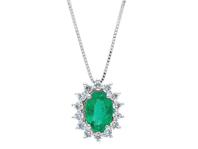 18k white gold necklace oval 1.06 emerald diamonds frame pendant, venetian chain.