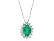 18k white gold necklace oval 1.06 emerald diamonds frame pendant, venetian chain.