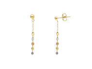 18K YELLOW WHITE ROSE GOLD PENDANT EARRINGS, SMOOTH 2mm SMALL CUBES, LENGTH 35mm.