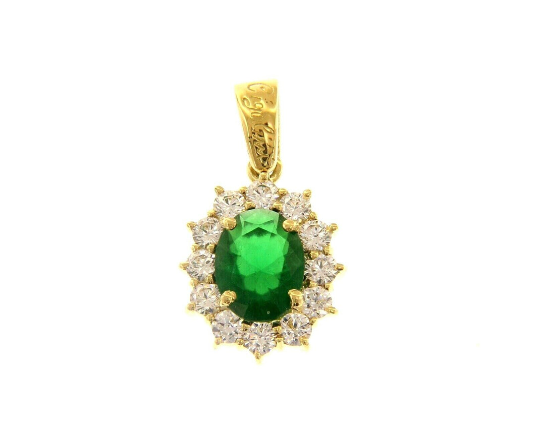 18K YELLOW GOLD FLOWER PENDANT BIG OVAL GREEN 9x7mm CRYSTAL CUBIC ZIRCONIA FRAME.