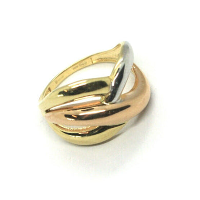 18K ROSE YELLOW WHITE GOLD BAND SMOOTH RING, ONDULATE CROSSED, MADE IN ITALY.
