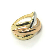 18K ROSE YELLOW WHITE GOLD BAND SMOOTH RING, ONDULATE CROSSED, MADE IN ITALY.