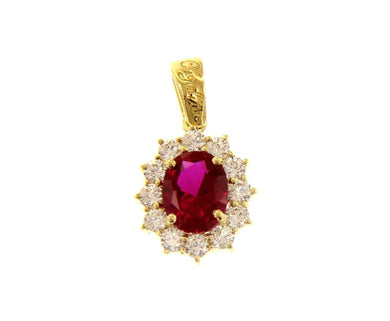 18K YELLOW GOLD FLOWER PENDANT BIG OVAL RED 9x7mm CRYSTAL CUBIC ZIRCONIA FRAME.