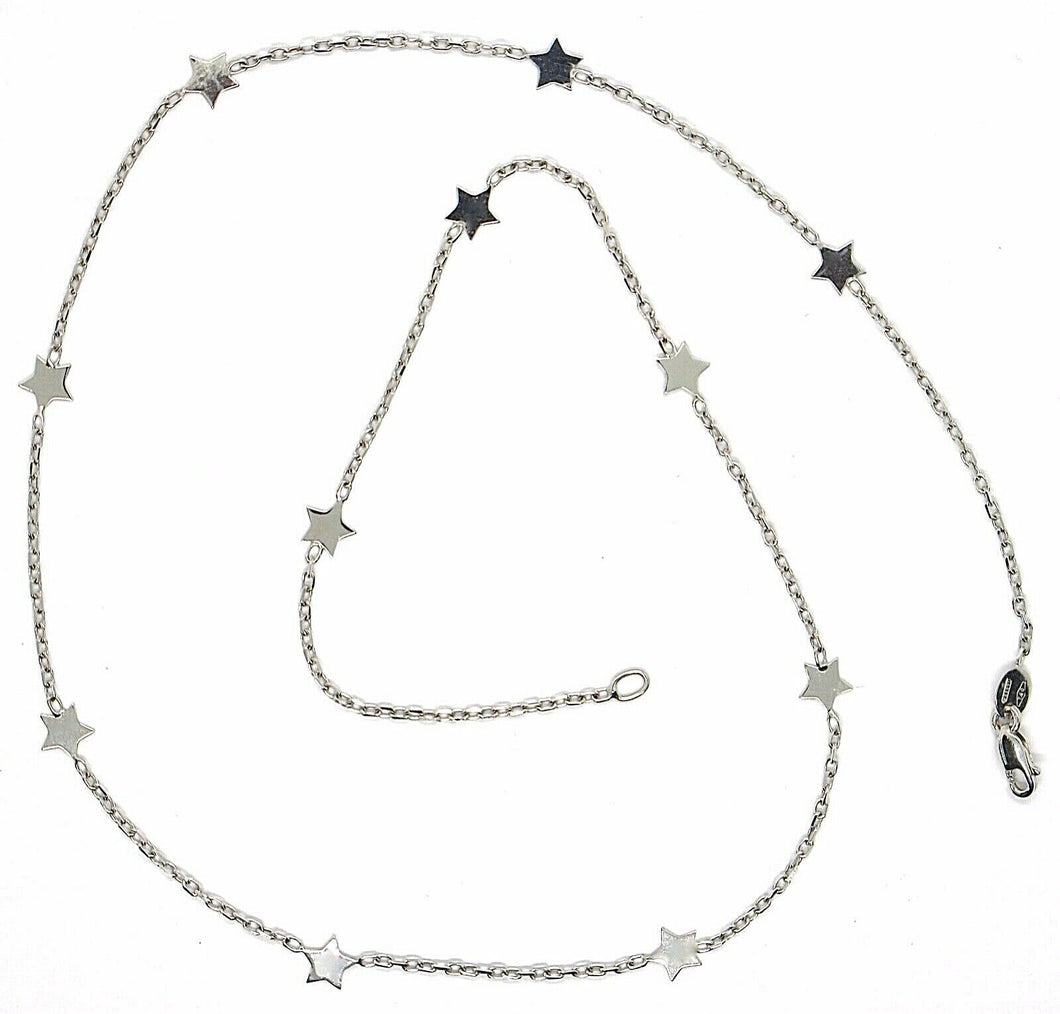 18k white gold necklace with flat stars, square cable rolo chain, 16.5 inches