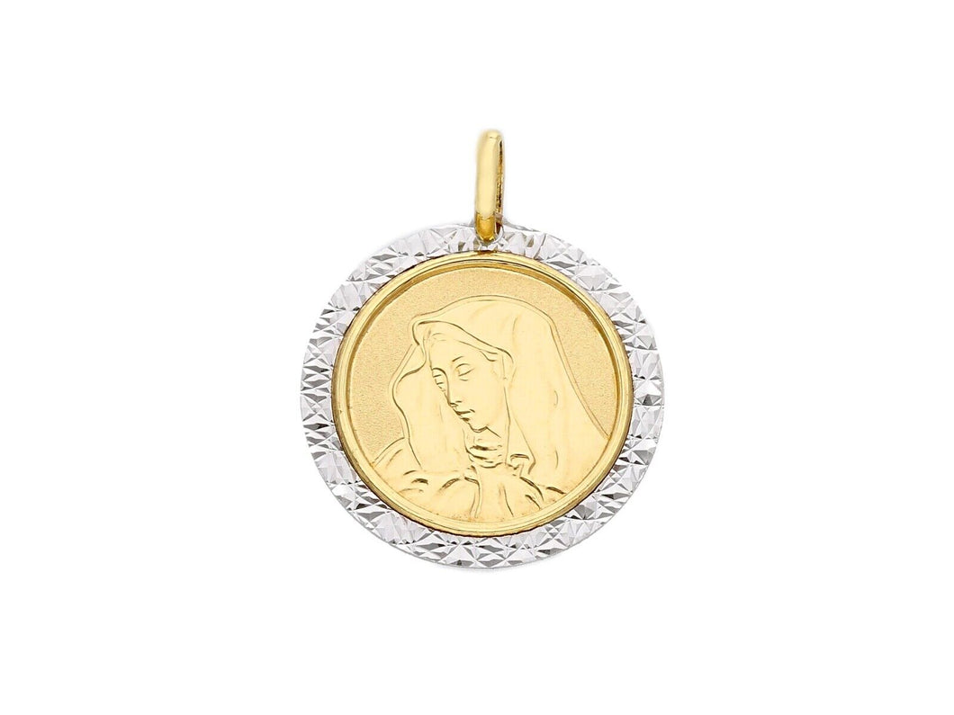 18K YELLOW WHITE GOLD PENDANT ROUND MEDAL VIRGIN MARY 17mm WITH WORKED FRAME.
