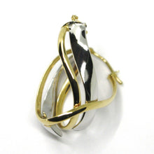 Load image into Gallery viewer, 18K YELLOW WHITE GOLD PENDANT EARRINGS ONDULATE OVAL DOUBLE TUBE HOOPS 2.9cm.
