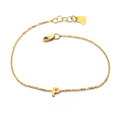 18k yellow gold rolo thin bracelet with central small 5mm letter initial P.