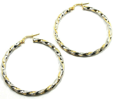 18K YELLOW WHITE GOLD CIRCLE HOOPS PENDANT EARRINGS, 4 cm x 3mm TWISTED, BRAIDED.