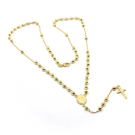 18k yellow gold thin Rosary necklace Miraculous Mary medal Jesus Cross 3mm balls.