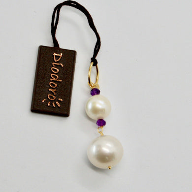 SOLID 18K YELLOW GOLD PENDANT WITH 2 WHITE FW PEARL AND AMETHYST MADE IN ITALY.