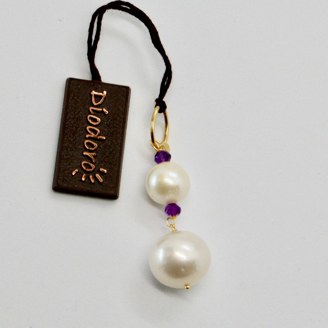 SOLID 18K YELLOW GOLD PENDANT WITH 2 WHITE FW PEARL AND AMETHYST MADE IN ITALY