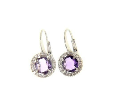 18k white gold leverback earrings cushion purple amethyst cubic zirconia frame.