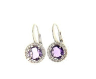 18k white gold leverback earrings cushion purple amethyst cubic zirconia frame.