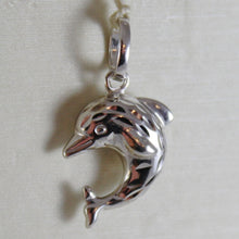 Load image into Gallery viewer, 18k white gold rounded mini dolphin pendant charm, finely hammered made in Italy.

