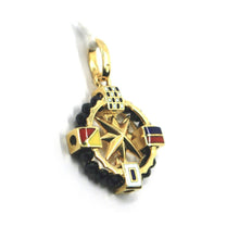 Load image into Gallery viewer, 18k yellow gold compass wind rose pendant 2cm enamel nautical flags black spinel.
