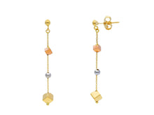 Load image into Gallery viewer, 18K YELLOW WHITE ROSE GOLD PENDANT EARRINGS, SMOOTH 3-4mm CUBES, LENGTH 42mm.
