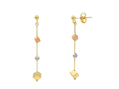 18K YELLOW WHITE ROSE GOLD PENDANT EARRINGS, SMOOTH 3-4mm CUBES, LENGTH 42mm.