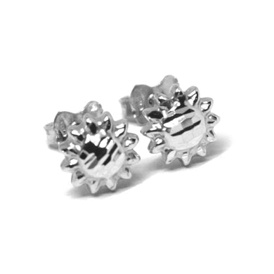 18k white gold kids earrings, finely worked hammered mini sun, 0.3 inches.