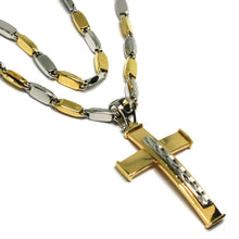 Load image into Gallery viewer, 18K YELLOW WHITE GOLD TUBE ALTERNATE CHAIN, 20 INCHES &amp; WORKED CURVED CROSS.
