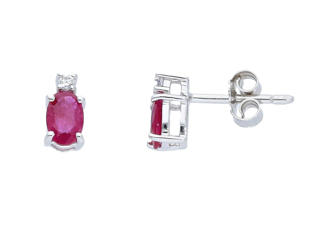 18K WHITE GOLD SMALL EARRINGS OVAL 1.0 carats RUBIES & DIAMONDS, 0.8mm LENGTH.