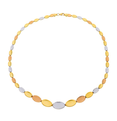 18K YELLOW WHITE ROSE GOLD FLAT ALTERNATE 5-10mm OVALS PETALS CHOKER NECKLACE.