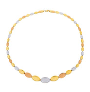 18K YELLOW WHITE ROSE GOLD FLAT ALTERNATE 5-10mm OVALS PETALS CHOKER NECKLACE.