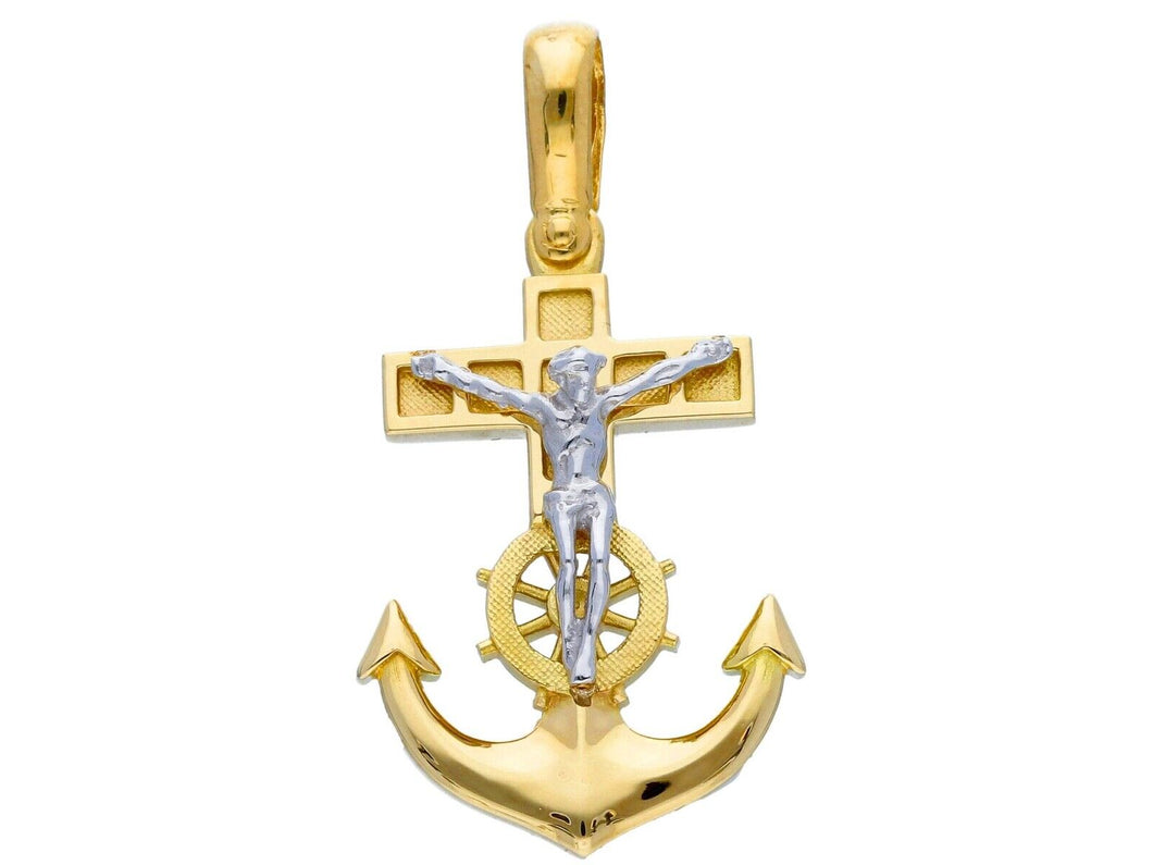 18K YELLOW WHITE GOLD JESUS CHRIST NAUTICAL HELM ANCHOR CROSS BIG 26mm PENDANT.