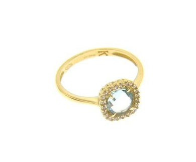 18K YELLOW GOLD RING CUSHION SQUARE BLUE TOPAZ AND CUBIC ZIRCONIA FRAME.