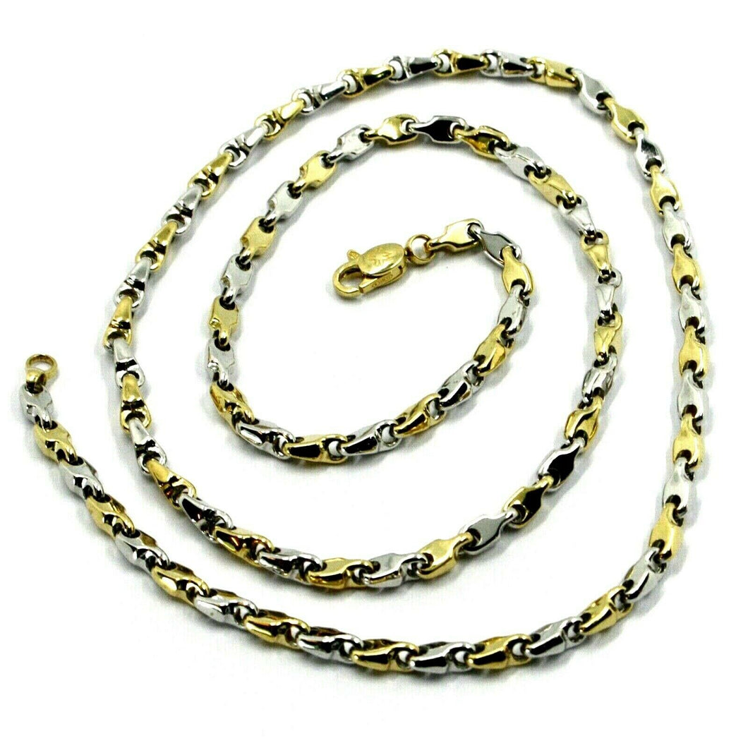 18k white yellow gold chain necklace alternate drop ondulate tube links, 20