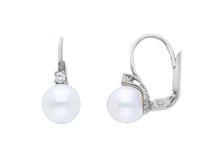 Load image into Gallery viewer, 18k white gold leverback earrings 7.5/8mm freshwater pearls and cubic zirconia.
