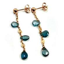 Load image into Gallery viewer, solid 18k rose gold pendant earrings, london blue topaz drops, length 5cm 2&quot;
