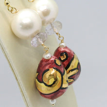 Load image into Gallery viewer, 18k yellow gold earrings amethyst pearl &amp; ceramic big drop hand painted in italy.
