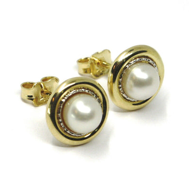 18k yellow white gold pearl button earrings, 11 mm, 0.43 inches worked disc.