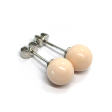 Load image into Gallery viewer, 18k white gold 8mm balls spheres pink reconstructed coral button earrings.
