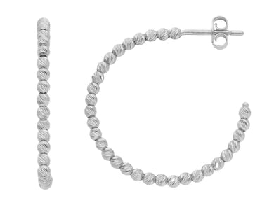 18K WHITE GOLD HOOPS CIRCLE 25mm EARRINGS WITH DIAMOND CUT 2mm SPHERES, BALLS.