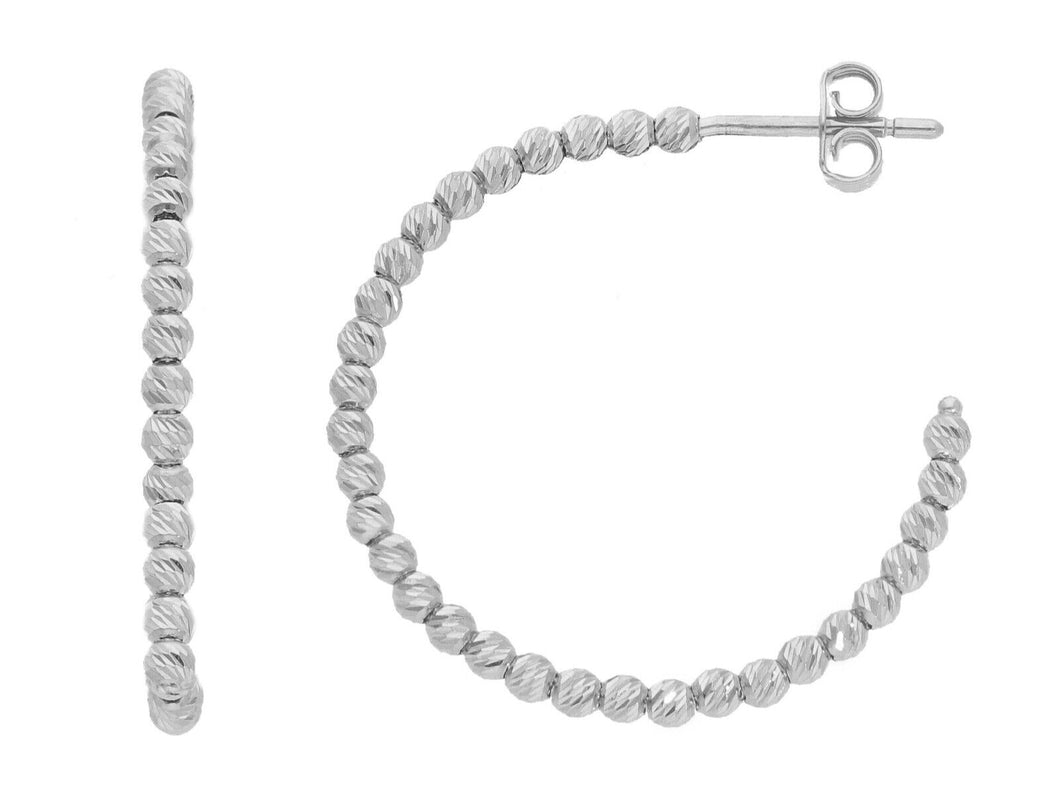 18K WHITE GOLD HOOPS CIRCLE 25mm EARRINGS WITH DIAMOND CUT 2mm SPHERES, BALLS.