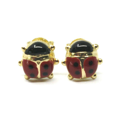 18K YELLOW GOLD ROUNDED ENAMEL EARRINGS MINI LADYBUG LADYBIRD 8mm, MADE IN ITALY.