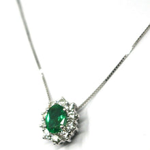 Load image into Gallery viewer, 18k white gold necklace, flower pendant, oval emerald 0.74 diamonds frame 0.52
