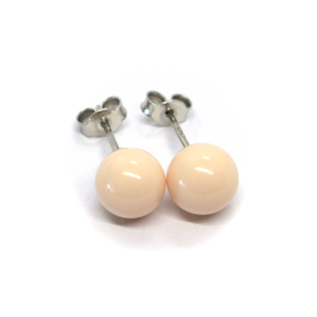 18k white gold 8mm balls spheres pink reconstructed coral button earrings.