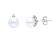 Load image into Gallery viewer, 18k white gold earrings 8/8.5mm freshwater white round pearls, cubic zirconia.

