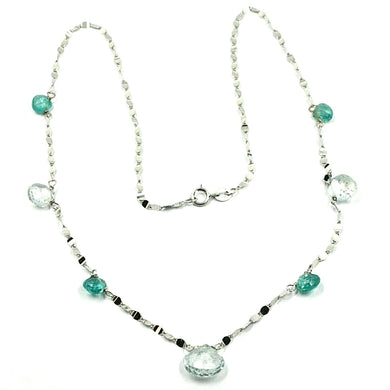 18k white gold necklace drop faceted green & blue alternate aquamarine, chain.