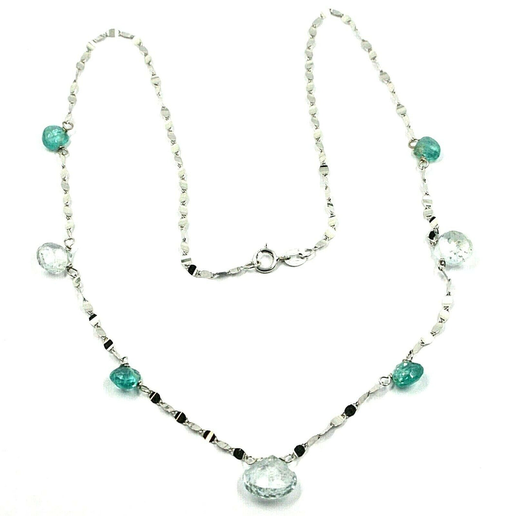 18k white gold necklace drop faceted green & blue alternate aquamarine, chain.