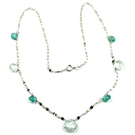 18k white gold necklace drop faceted green & blue alternate aquamarine, chain.