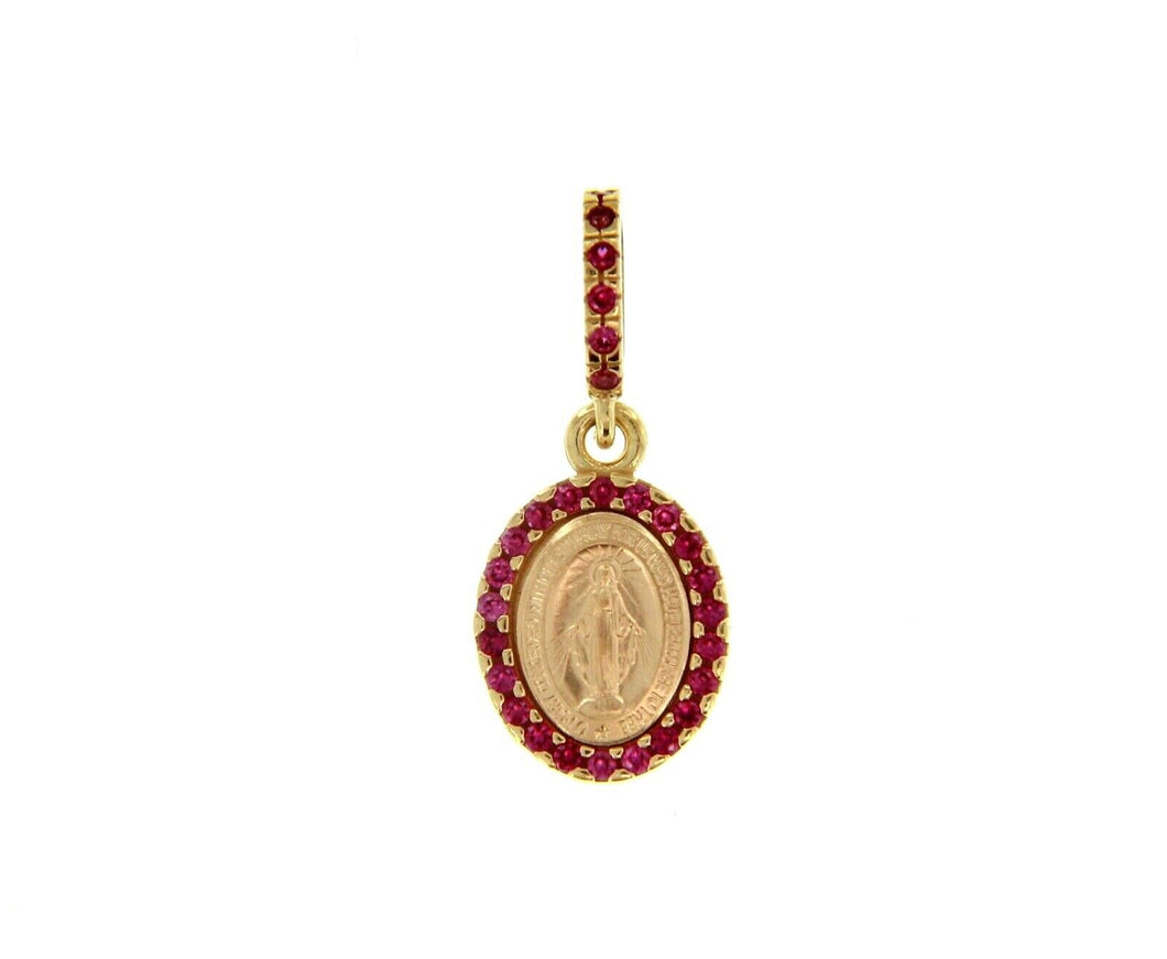 SOLID 18K YELLOW OVAL GOLD MEDAL, VIRGIN MARY 12mm, MIRACULOUS, RED ZIRCONIA