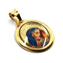 Load image into Gallery viewer, 18k yellow gold enamel oval medal pendant, 17x15mm Virgin Mary Madonna.
