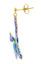 Load image into Gallery viewer, 18k yellow gold pendant 35mm earrings with enamel purple and blue butterfly.
