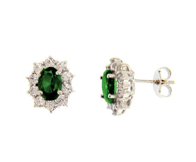 18k white gold flower earrings oval green crystal and cubic zirconia frame 13mm.